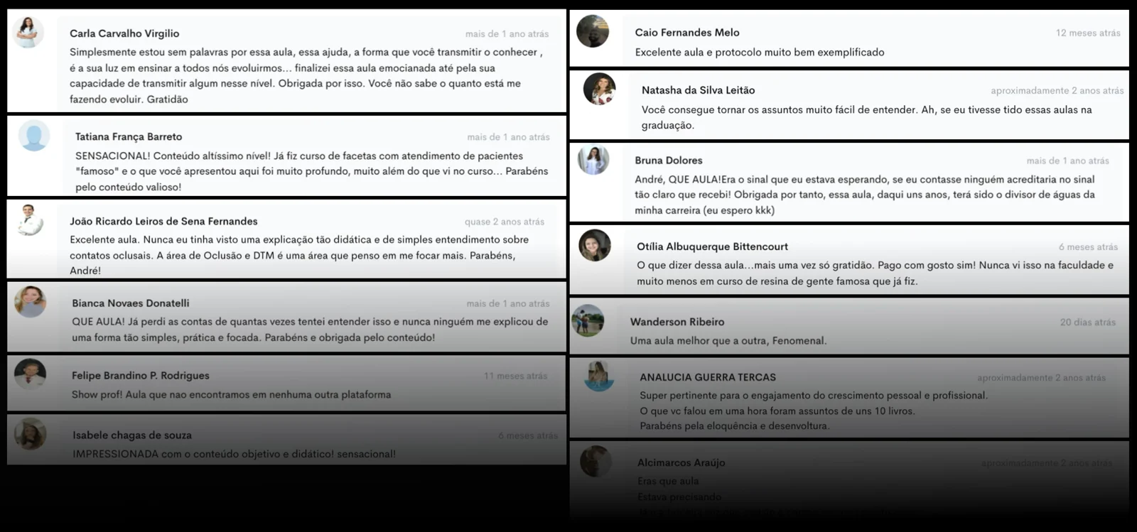 Comentários de alunos nas aulas elogiando a didática e o conteúdo