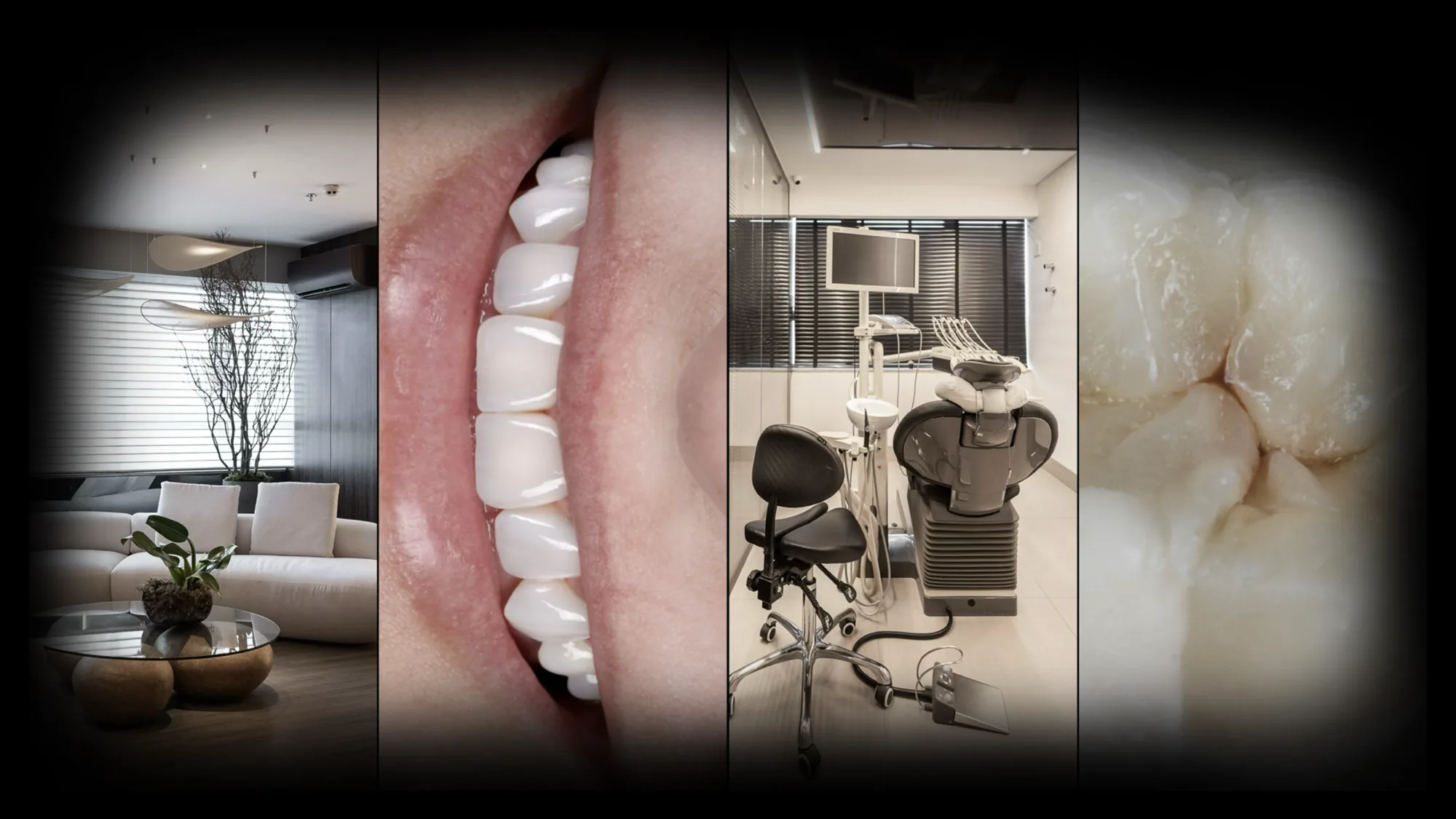 Recepção e consultório, um sorriso em cerâmica e o detalhe de uma restauração